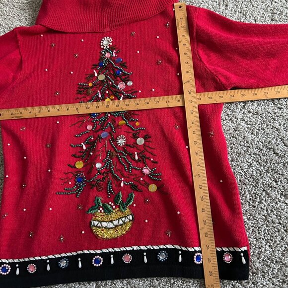 Victoria Jones Womens 1X Red Embellished Ugly Christmas Tree Sweater /Cowl Neck - Picture 8 of 11
